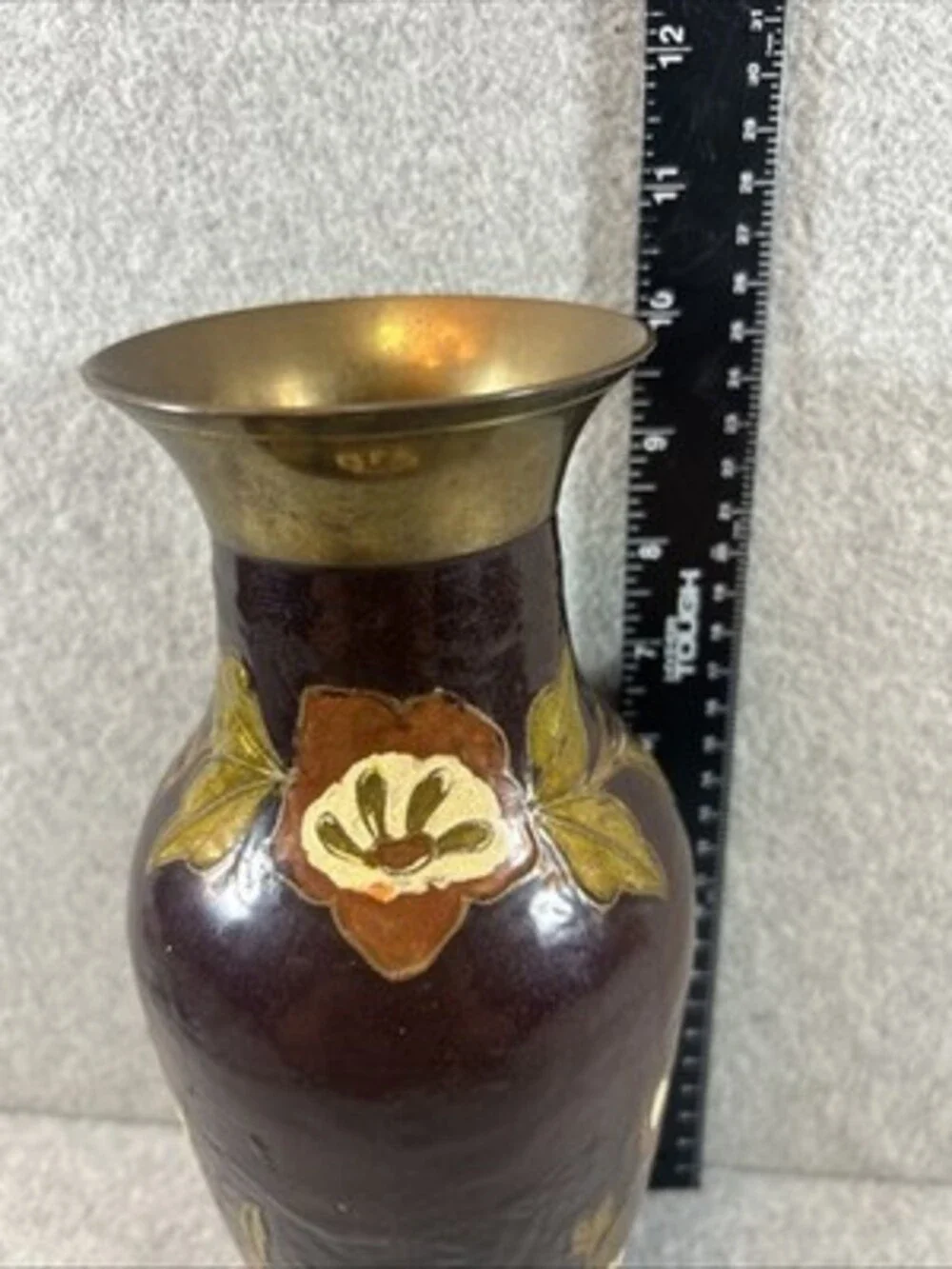 Vintage Brass Vase made in India Brown Floral 10”x 4”